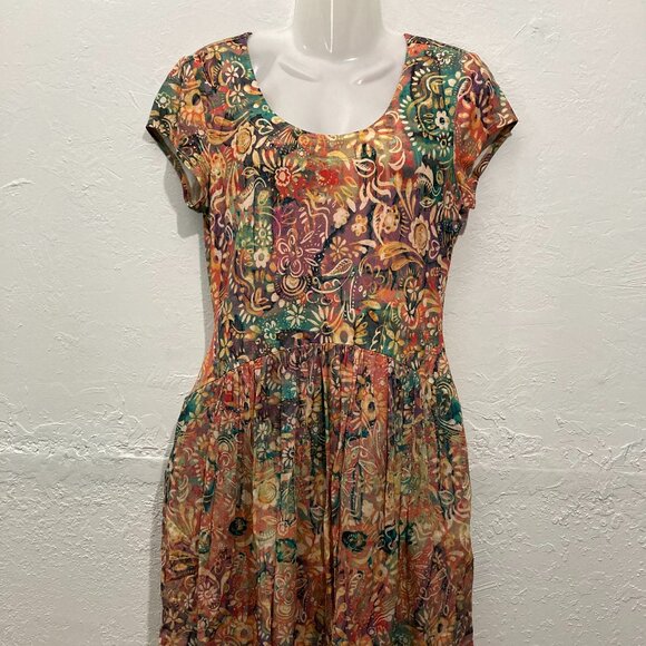 Peruvian Connection Floral Short Sleeve Dress Pleated skirt Multicolor Pocket S - Picture 6 of 14